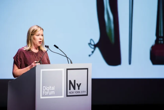 Anne V Muhlethaler of AVM Consulting on the stage at WWD Digital in New York City 